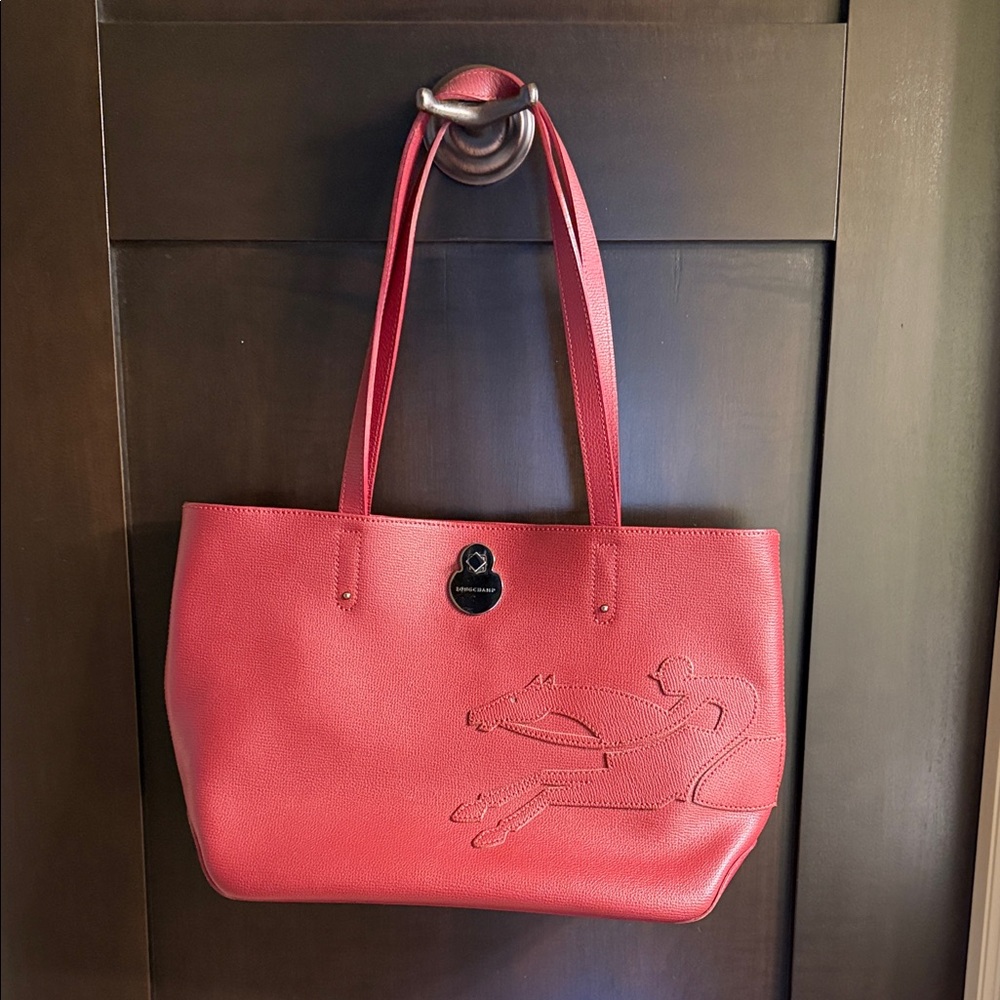 Longchamp Red Pebbled Leather Tote with Stitched Horse Motif with dustbag